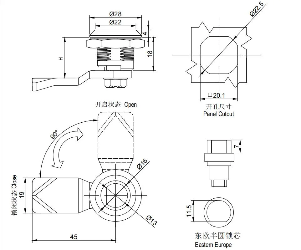 Eastern Europe Φ 13 Stainless Steel Quarter Turn Lock, SUS 316 Cabinet Cylinder Cam Lock for Industrial Railway Rail Vehicle ATM Vending Machine